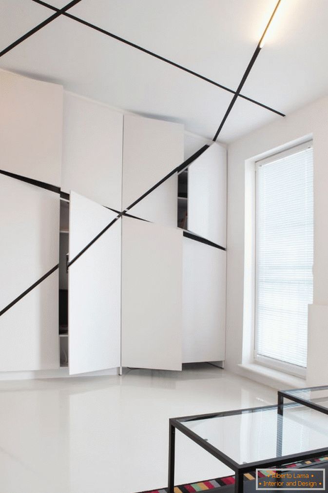 Szafki w salonie apartamentów typu studio w kolorze czarno-białym