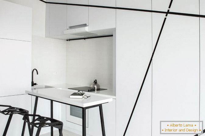 Kuchnia studio apartament w czerni i bieli