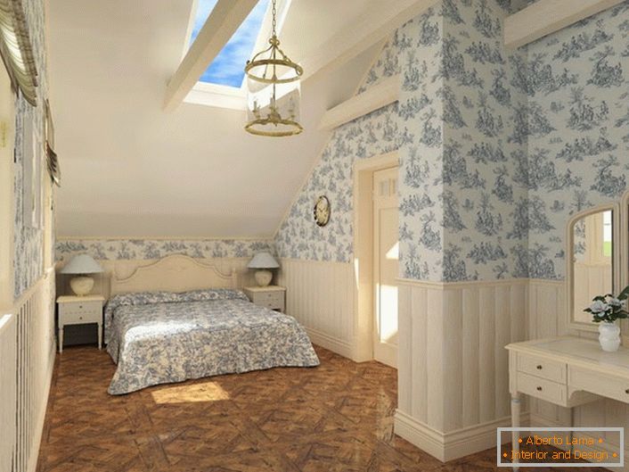 Lakoniczny pomysł na projekt to sypialnia w wiejskim stylu. Minimum mebli i odpowiednio dobrane wykończenie.