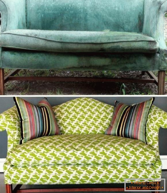 Rozciągane meble tapicerowane - sofa zdjęcie przed i po wymianie tapicerki