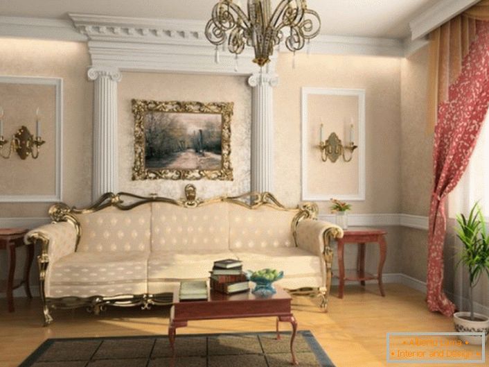 Zgodnie z wymogami stylu francuskiego, pokój gościnny jest ozdobiony sztukaterią.