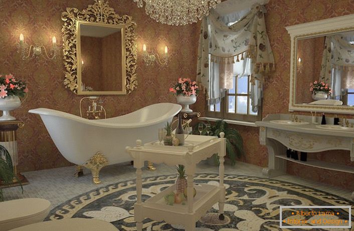 Zaprojektuj projekt stylowej łazienki w stylu empire. Wyśmienita łazienka na czterech wzorzystych, złotych nogach, lustro w rzeźbionej ramie, żyrandol wykonany z kryształu górskiego idealnie pasuje.