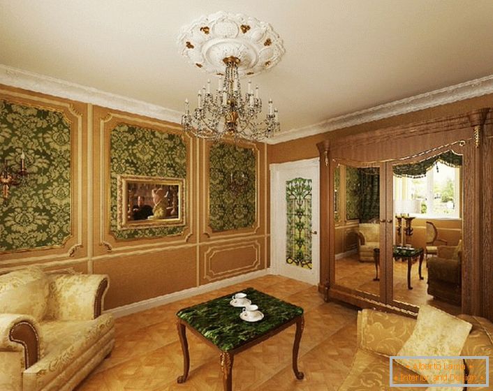 Szlachetny zielony kolor w połączeniu z żółtym złotem wygląda opłacalnie w pokoju gościnnym w stylu amperowym.