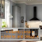 Wnętrze kuchni z wbudowanymi światłami i wiszącymi żyrandolami