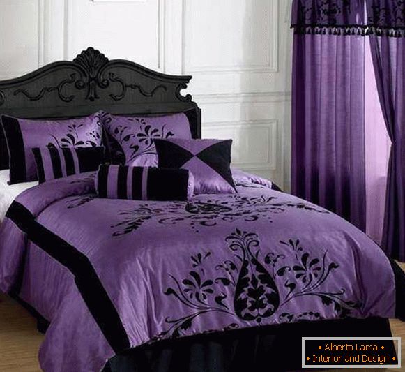 Fioletowa sypialnia - fotografia w połączeniu z czernią