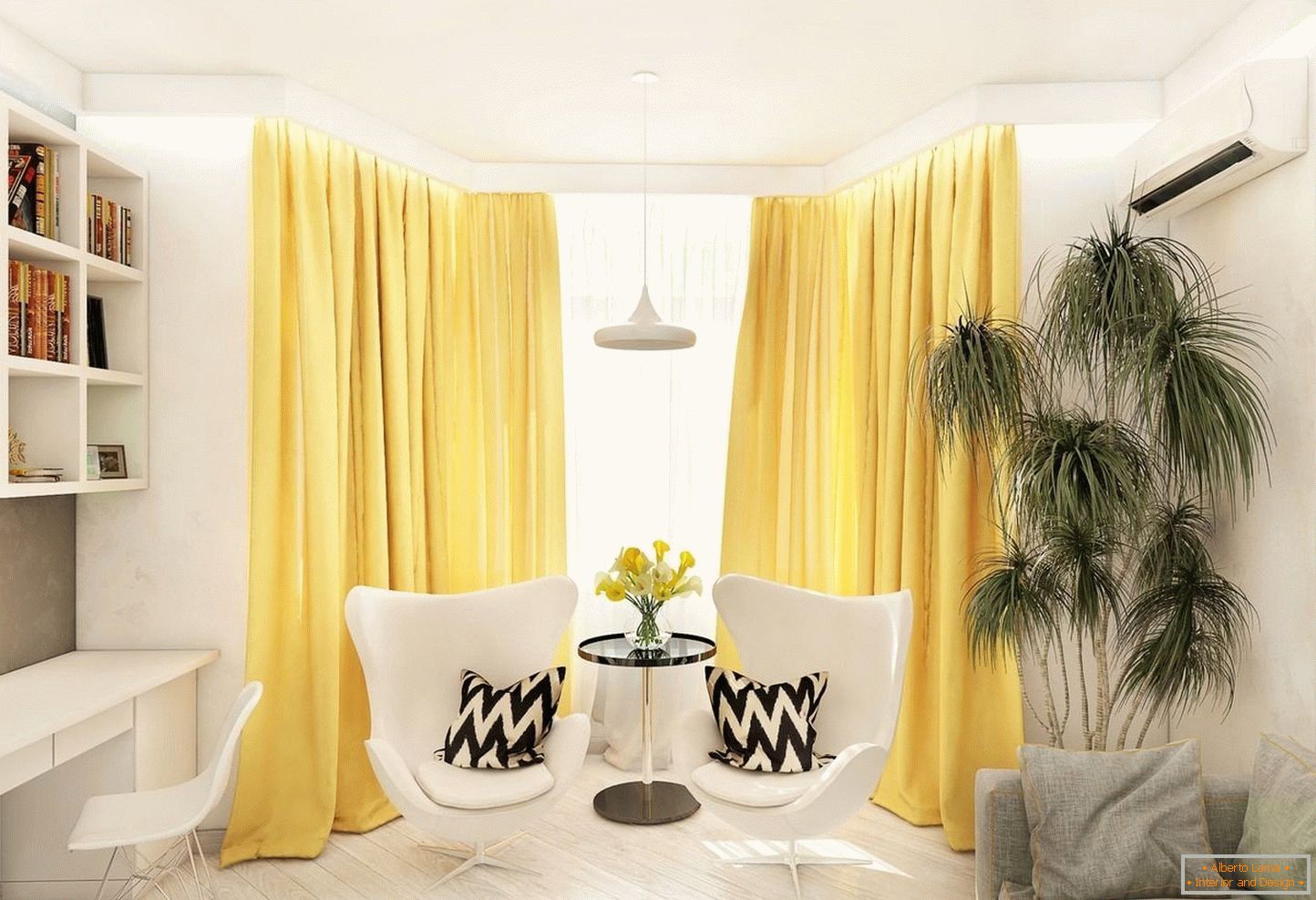Żółte zasłony w białym salonie