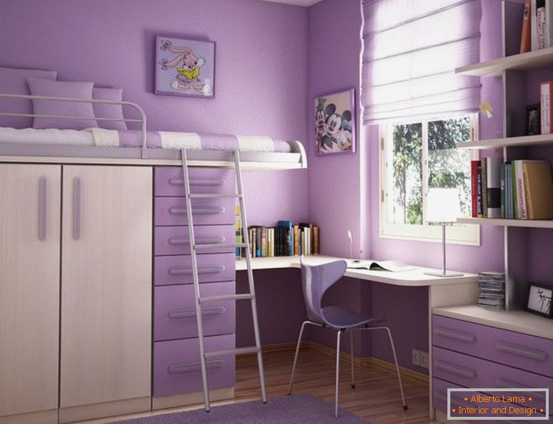 wygodna sypialnia-projekt-pomysł-dla-nastolatka-dziewczyny-z-liliową-ściany-krem-piętrowe-z-liliową-szuflady-i-białe-okno-rama-godna podziwu-sypialnia-projekt-pomysły-for- nastoletnie dziewczyny
