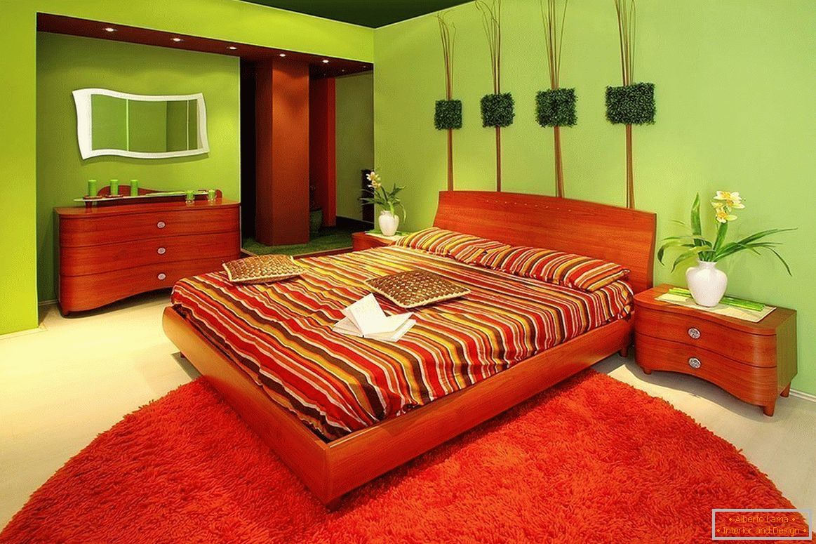 Wnętrze sypialni czerwony i zielony