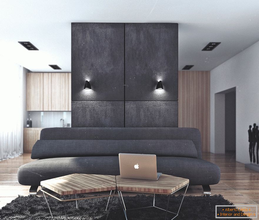 Połączenie czerni i drewna w salonie w mieszkaniu dla udanego kawalera w Rosji