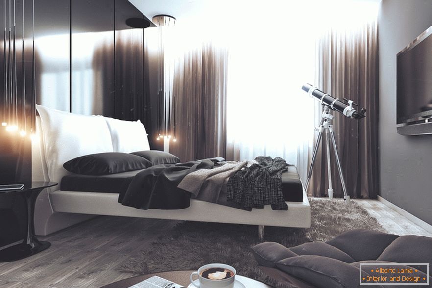 Sypialnia w czerni i bieli w mieszkaniu dla udanego kawalera w Rosji