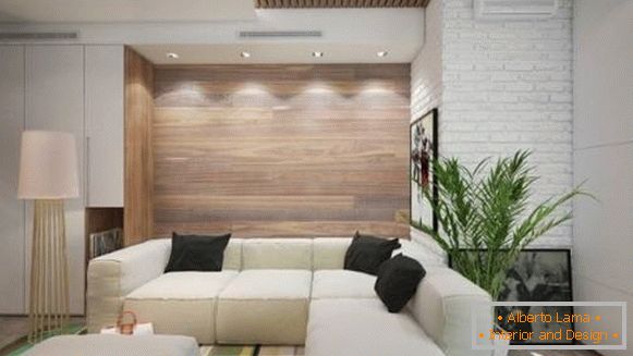 Dekoracja ścienna z drewnianymi panelami - zdjęcie salonu w nowoczesnym stylu