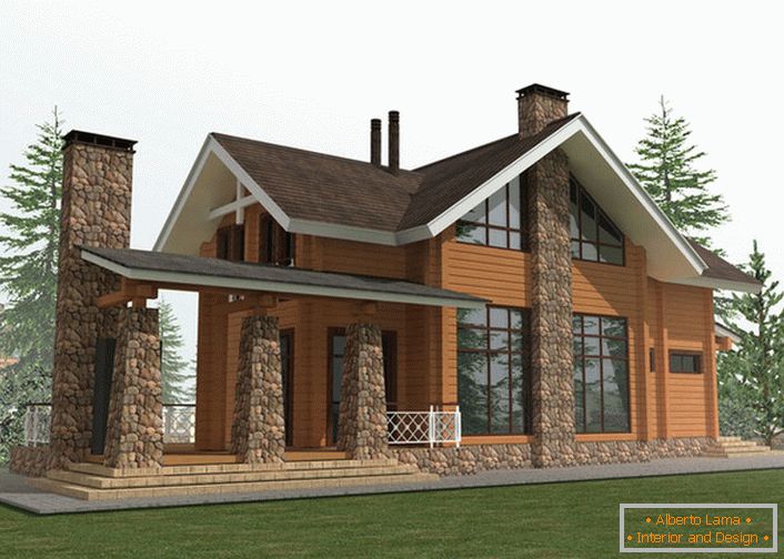 Projekt domu wiejskiego w stylu chaty opiera się na wykorzystaniu do budowy drewnianej ramy i kamienia naturalnego.