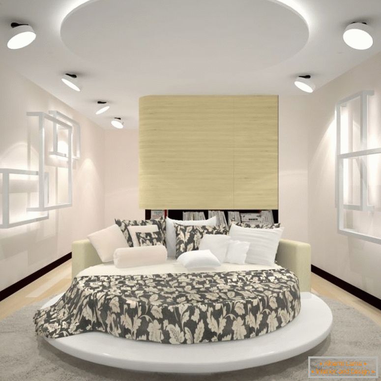 Jasna sypialnia w nowoczesnym stylu z okrągłym łóżkiem w centrum