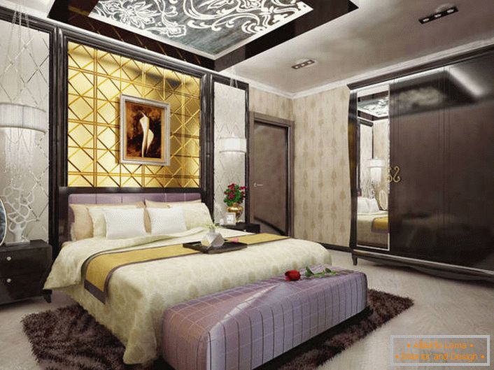 Luksusowa sypialnia w stylu Art Deco w domu francuskiej rodziny. 