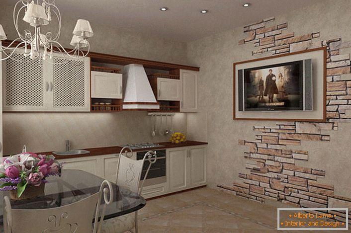 Zaprojektuj projekt małej kuchni w stylu wiejskim. Jasne kolory mebli w kontrastowym ciemnobrązowym blacie i wiszące półki sprawiają, że kuchnia jest bardziej przestronna wizualnie. Ciekawostką jest również dekoracja ściany za pomocą kamienia naturalnego.