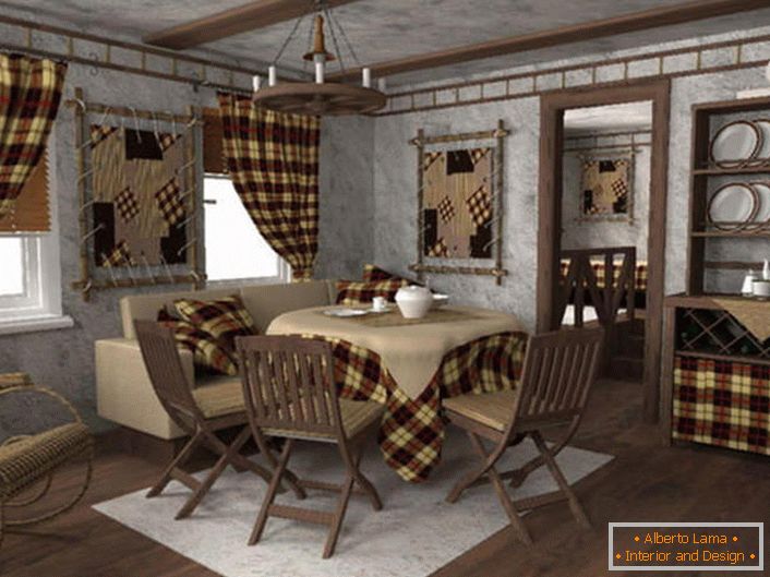 Pokój dzienny w stylu wiejskim. Zasłony, obrus, poszewki na poduszki, elementy panelu ściennego wykonywane są z tego samego rodzaju tkaniny w klatce. 