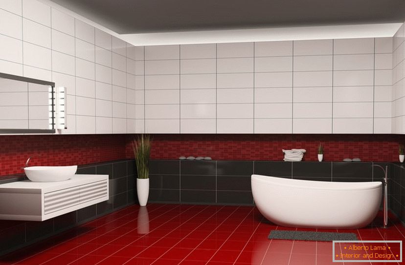 Czerwone, czarne i białe płytki w projekcie łazienki