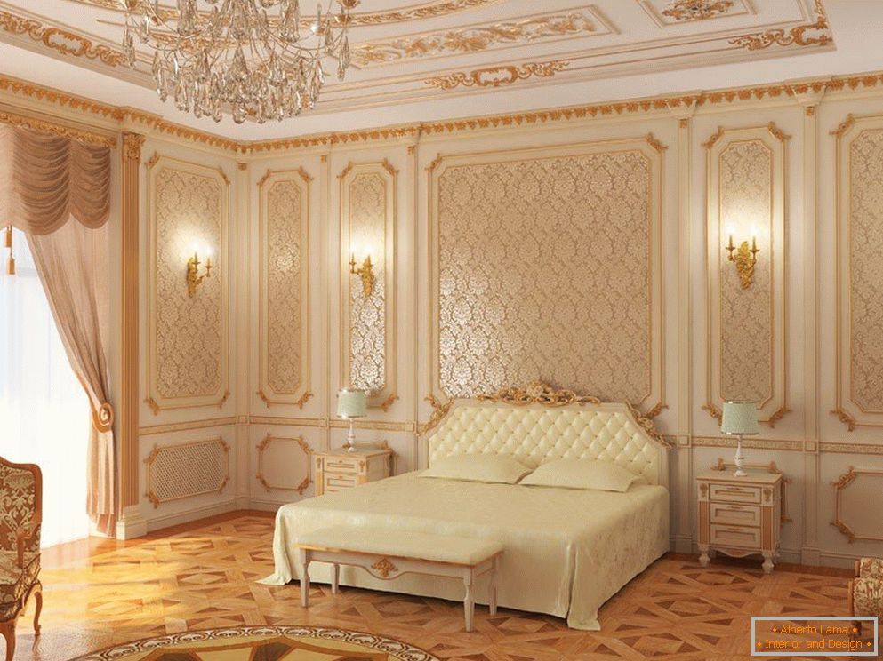 Białe sufity i ściany sypialni ze złotymi wzorami