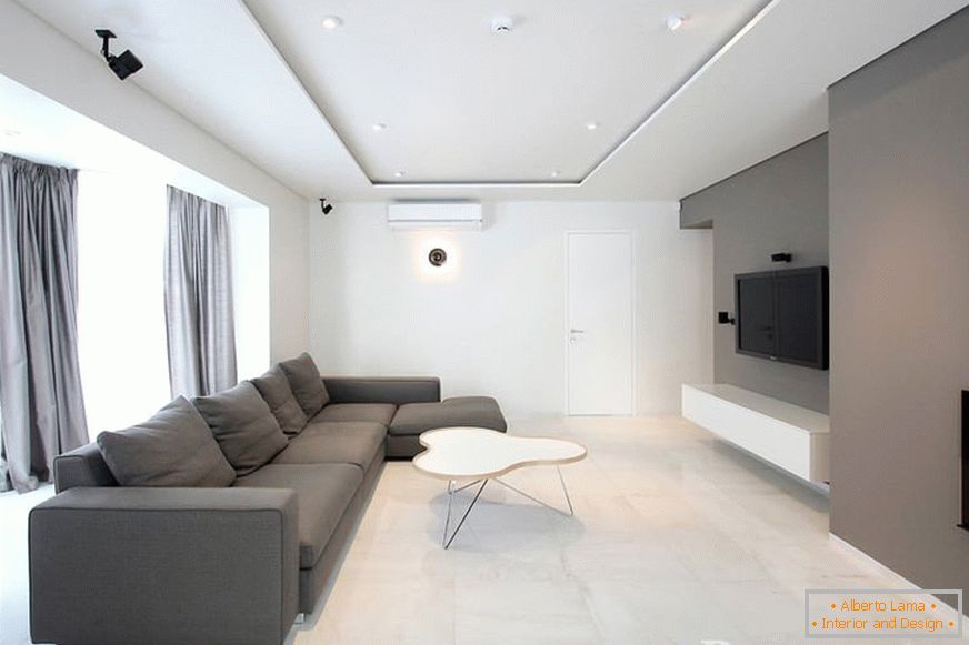 Asymetryczny salon w minimalistycznym stylu