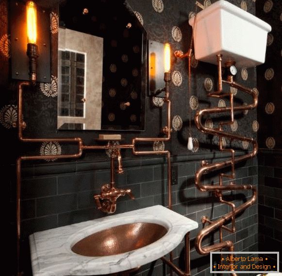 Łazienka w stylu steampunkowym z wiktoriańskim tapetą
