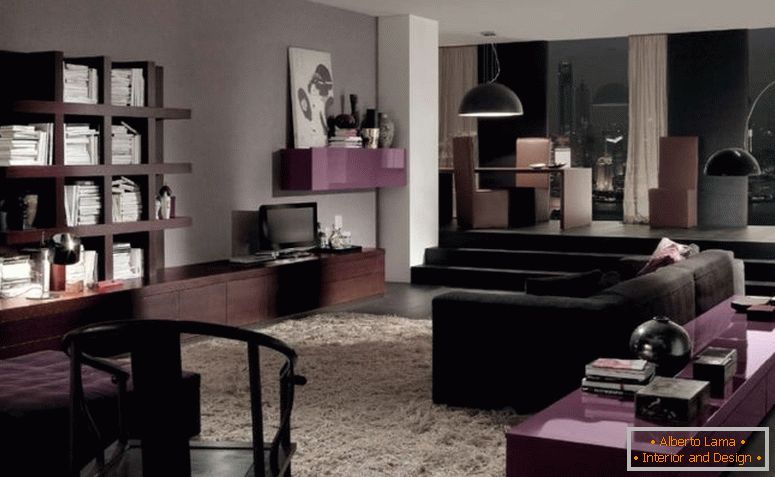 salon-fascynujący-obraz-nowoczesny-purpurowo-brązowy-czarny-salon-dekoracja-za-użycie-duży-kopuła-czarny-salon-wisiorek-lampa-cieniu-w tym-czarny-aksamit- salon-sofa-i-kwadrat-biały-i
