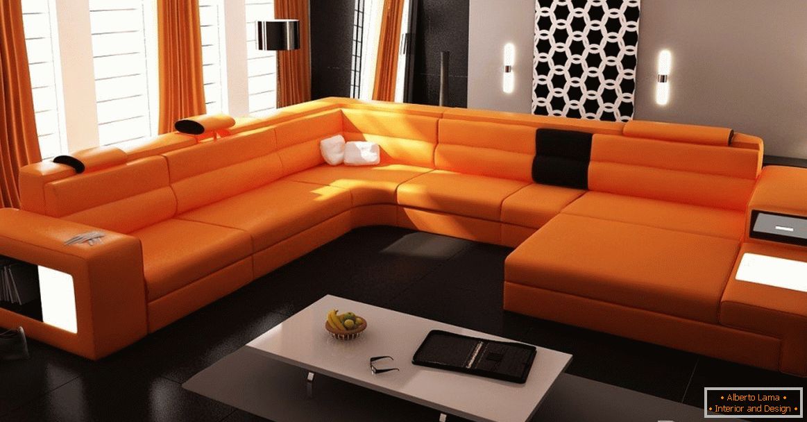 Pomarańczowa sofa w surowym salonie