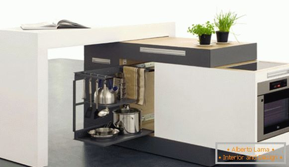 Wnętrze bardzo małej kuchni: mobilny zestaw kuchenny