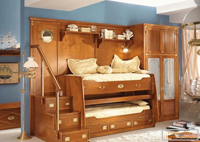 awesome-kids-boy-bedroom-furniture-design-showing-unique-brown-oak-bunk-beds-with-combined-tall-wardrobe-and-some-drawers-plus-stainless-steel-handrail-stairs