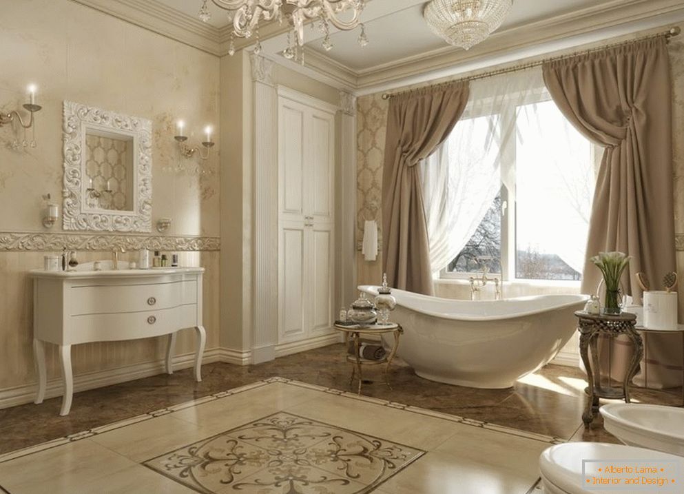 Okno z zasłonami w łazience w stylu klasycznym