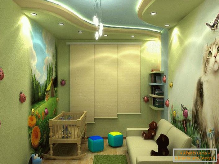 Jasny design pokoju dziecięcego z kolorowymi rysunkami, takimi jak chłopiec i dziewczynka. 