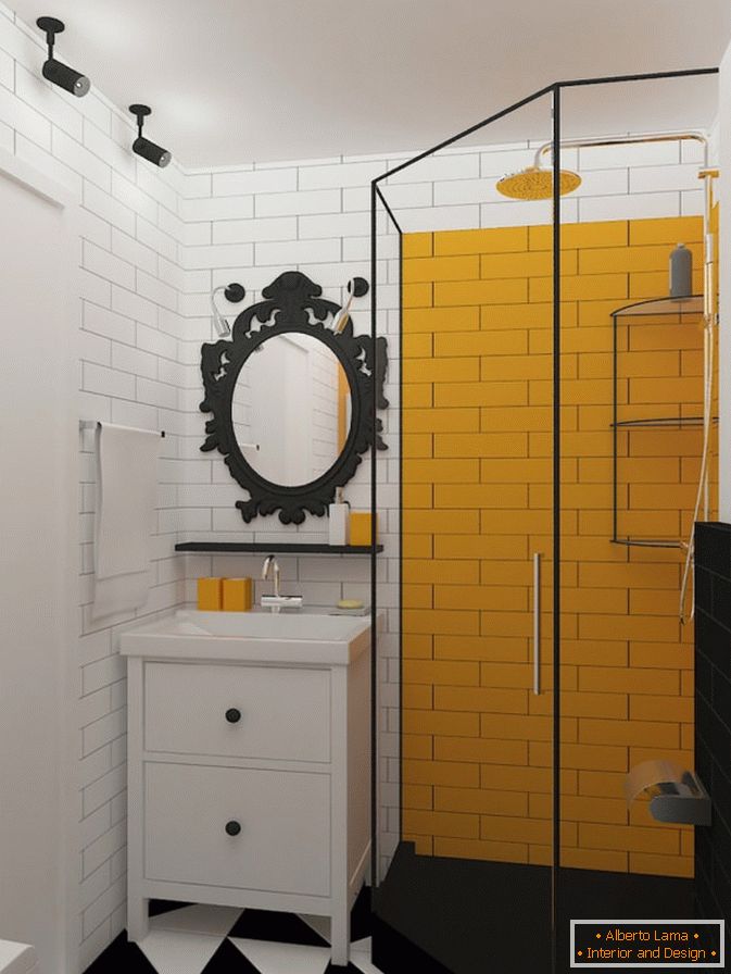 Żółte akcenty w czarno-białej łazience