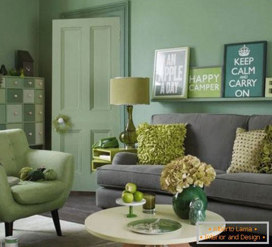 Elegancki salon w kolorze zielonym i szarym