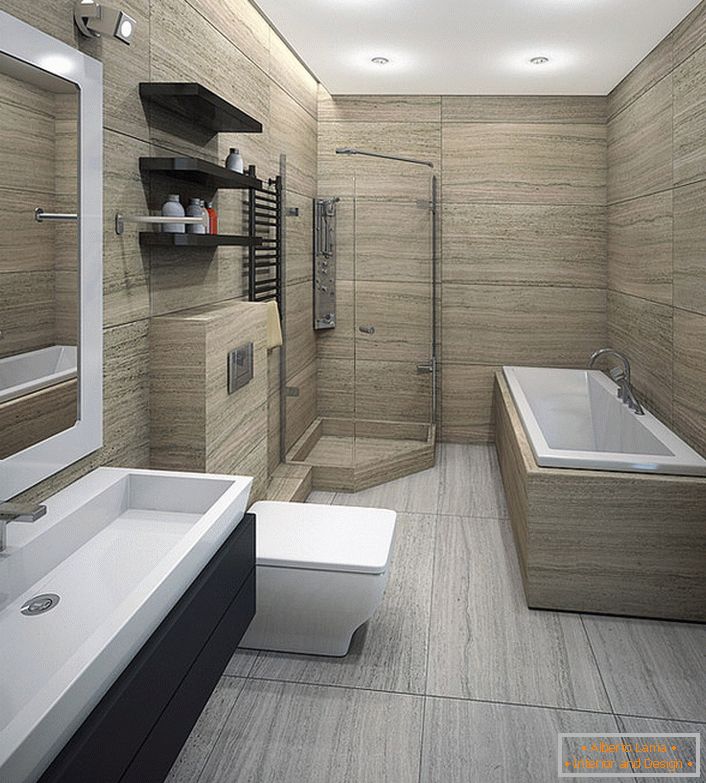 Przestronna minimalistyczna łazienka jest odpowiednia dla miłośników kąpieli i dla tych, którzy preferują kąpiel.