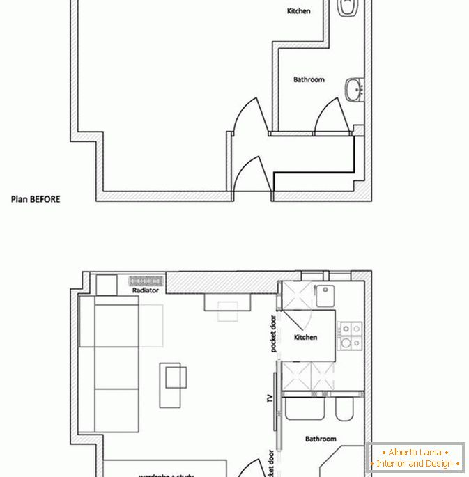 Plan małego mieszkania przed i po naprawie
