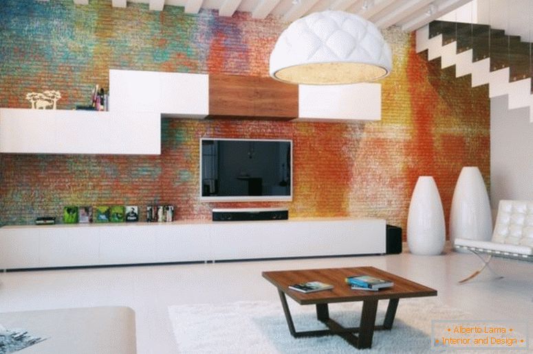 wnętrze - doskonałe, kolorowe, odsłonięte ściany z cegieł, pomysły na pokój dzienny z ekscytującym drewnem 1200x799