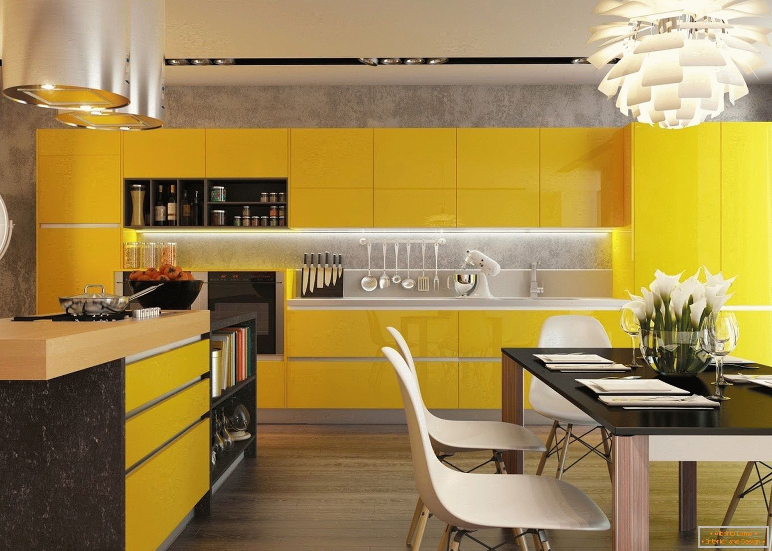 Kuchnia с желтыми фасадами и черным столом