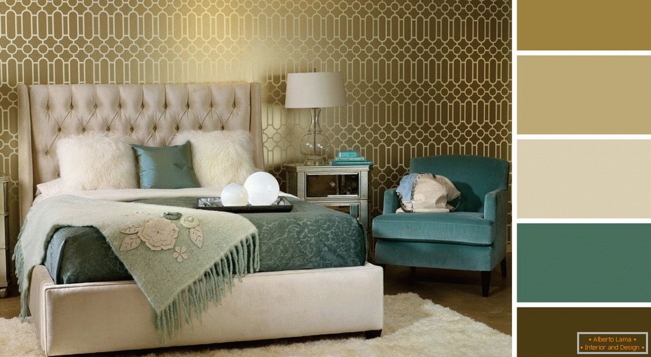 Dekoracja ścian w sypialni z tapetą w złotych odcieniach